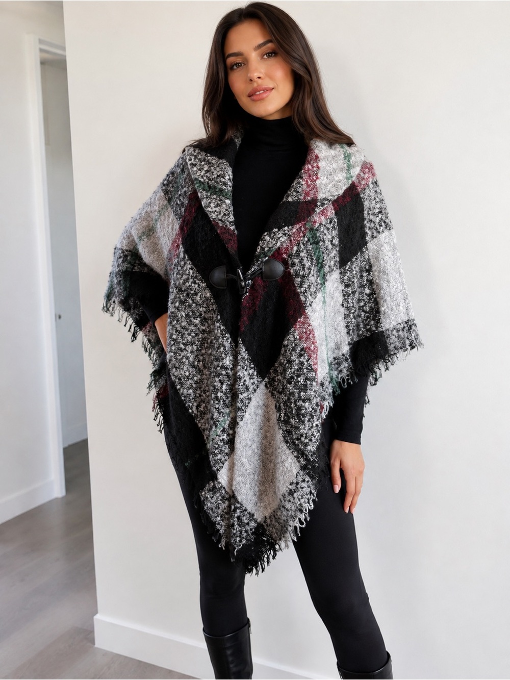 Cozy Plaid Toggle Cape Jacket - Black & Gray one size